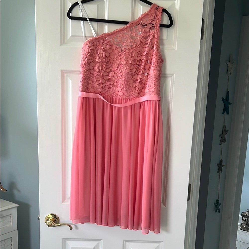 David's Bridal Coral One-Shoulder Lace Dress